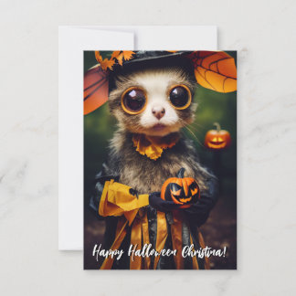Cute Handmade Style Autumn Pumpkin Halloween Cat  Card