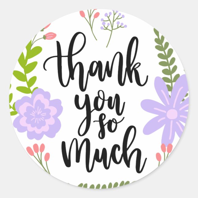 Cute handwritten floral typography Many Thanks Classic Round Sticker (Front)