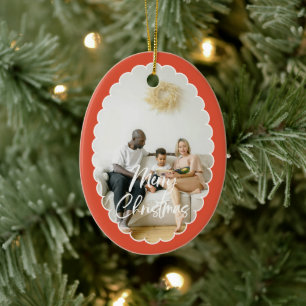 Cute Handwritten Script Merry Christmas 2 Photo Ceramic Ornament