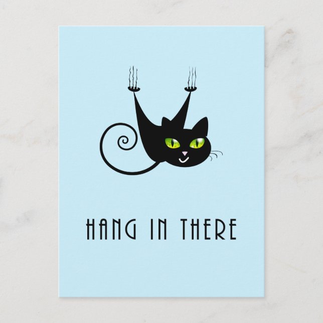 Cute Hang in There Hanging Black Cat Green Eyes Postcard (Front)