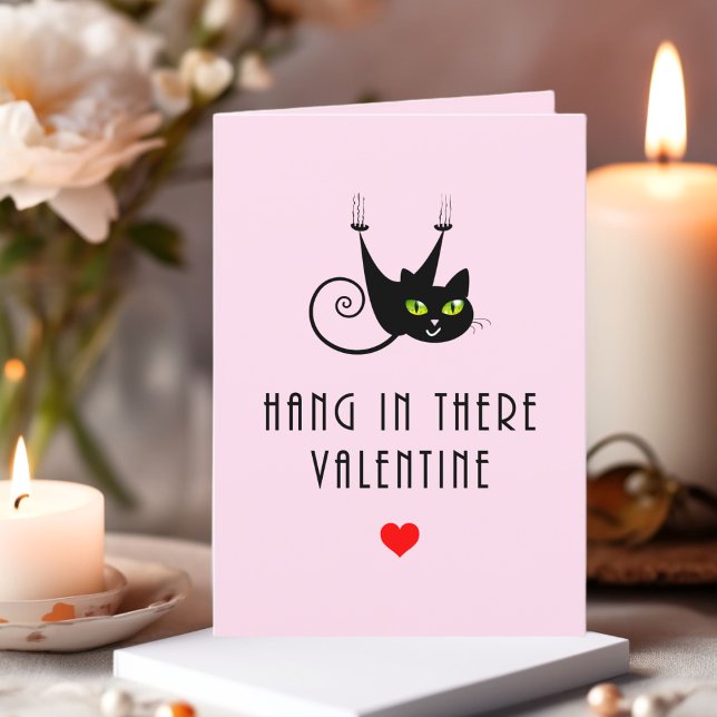 Cute Hang in There Valentine Hanging Black Cat Holiday Card (Creator Uploaded)