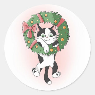 Cute Hanging Christmas Cartoon Kitty Classic Round Sticker