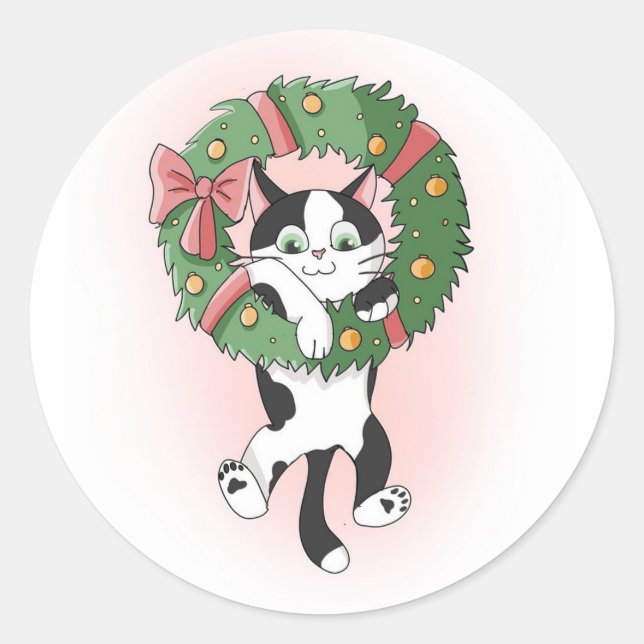 Cute Hanging Christmas Cartoon Kitty Classic Round Sticker (Front)