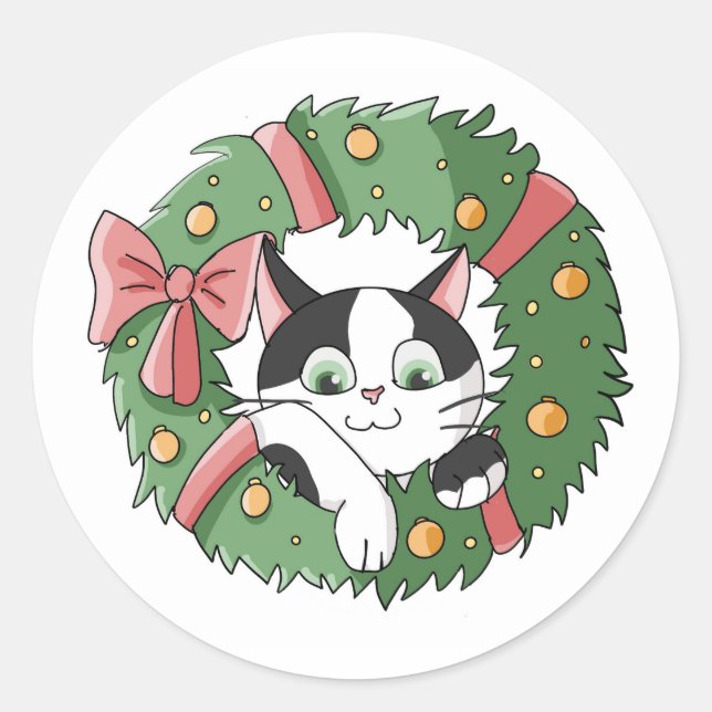 Cute Hanging Christmas Cartoon Kitty Classic Round Sticker (Front)
