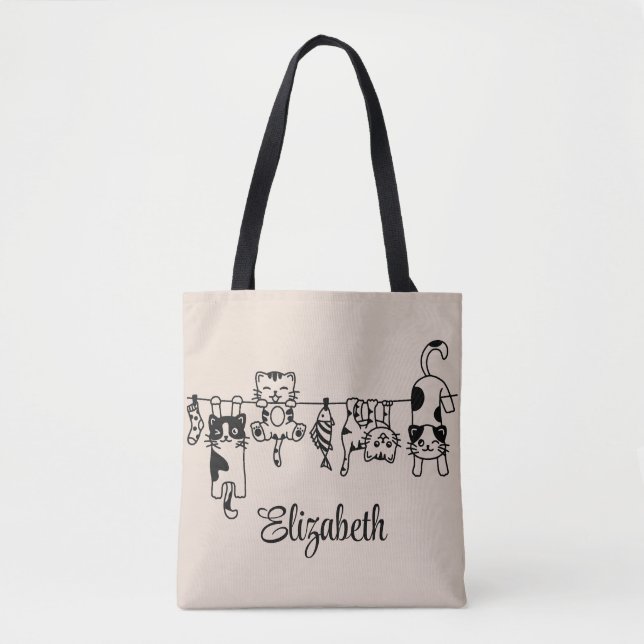 Cute Hanging Kittens Custom Name Tote Bag (Front)