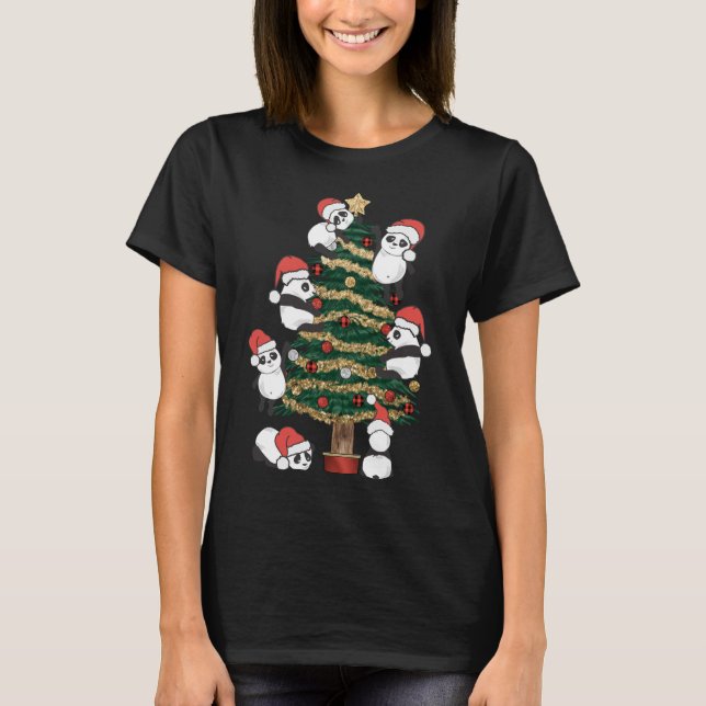 Cute Hanging Panda Christmas Tree Santa Hat Family T-Shirt (Front)