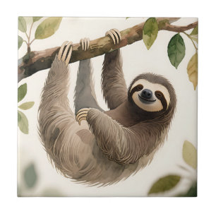 Cute Hanging Sloth Watercolor Relaxed Smile Ceramic Tile