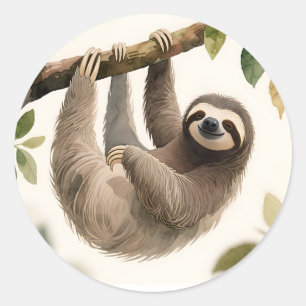 Cute Hanging Sloth Watercolor Relaxed Smile Classic Round Sticker