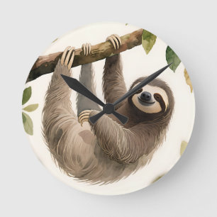 Cute Hanging Sloth Watercolor Relaxed Smile Round Clock