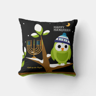 Cute Hanukkah Big Owl & Menorah Snowy Tree Night Cushion