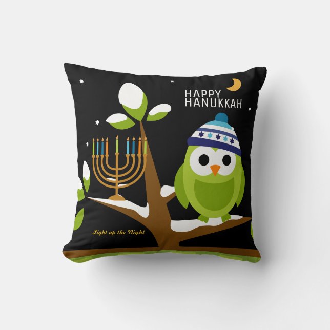 Cute Hanukkah Big Owl & Menorah Snowy Tree Night Cushion (Front)