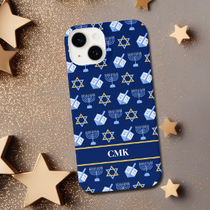 Cute Hanukkah Dreidel Menorah Blue Monogram