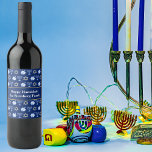 Cute Hanukkah Dreidel Menorah Custom Blue Party Wine Label<br><div class="desc">Beautiful custom Hanukkah party wine label in pretty blue with a cool pattern of Judaism star,  dreidel for fun Chanukah games,  and the Jewish menorah. Pretty holiday gift with your last name customised in white.</div>