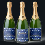 Cute Hanukkah Dreidel Menorah Customisable Party Sparkling Wine Label<br><div class="desc">Beautiful custom Hanukkah party sparkling wine label in pretty blue with a cool pattern of Judaism star,  dreidel for fun Chanukah games,  and the Jewish menorah. Pretty holiday dinner accessory or guest gift with your last name customised in white.</div>