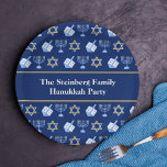 Cute Hanukkah Dreidel Menorah Pattern Custom Party Paper Plate<br><div class="desc">Beautiful customisable Hanukkah party paper plate in pretty blue with a cool pattern of Judaism star,  dreidel for fun Chanukah games,  and the Jewish menorah for a holiday dinner or gathering with your synagogue.</div>