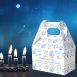 Cute Hanukkah Menorah Dreidel Pattern Custom Party Favour Box<br><div class="desc">Beautiful custom Hanukkah party favour box in a pretty blue and gold pattern of Judaism star,  dreidel for fun Chanukah games,  and the Jewish menorah for the holiday. Personalise with your own gift message from your family.</div>