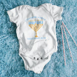 Cute Hanukkah Menorah Family Reunion Personalised Baby Bodysuit<br><div class="desc">Cute custom Hanukkah baby bodysuit for a Jewish family reunion or Chanukah party with a synagogue. Personalise with your own last name or group information in blue around the pretty menorah.</div>