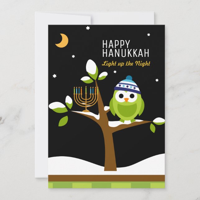 Cute Hanukkah Owl & Menorah Snowy Tree Holiday Card (Front)