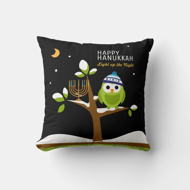 Cute Hanukkah Owl & Menorah Snowy Tree Night Cushion (Front)