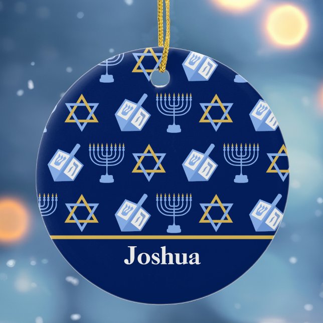 Cute Hanukkah Pattern Blue Monogram Holiday Ceramic Ornament (Creator Uploaded)