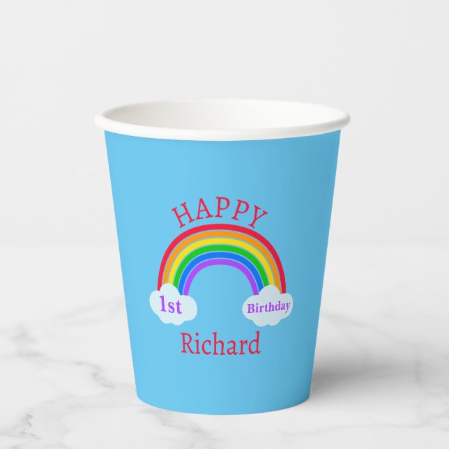 Cute Happy 1st Birthday Rainbow Clouds Blue Party Paper Cups (Front)