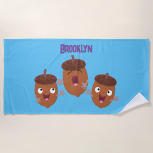 Cute happy acorns singing cartoon for kids beach towel
