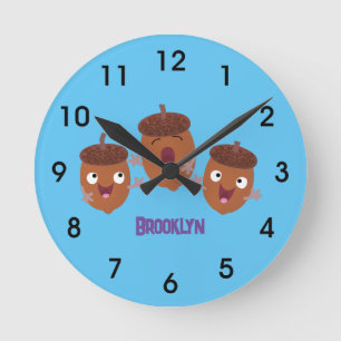 Cute happy acorns singing cartoon for kids round clock