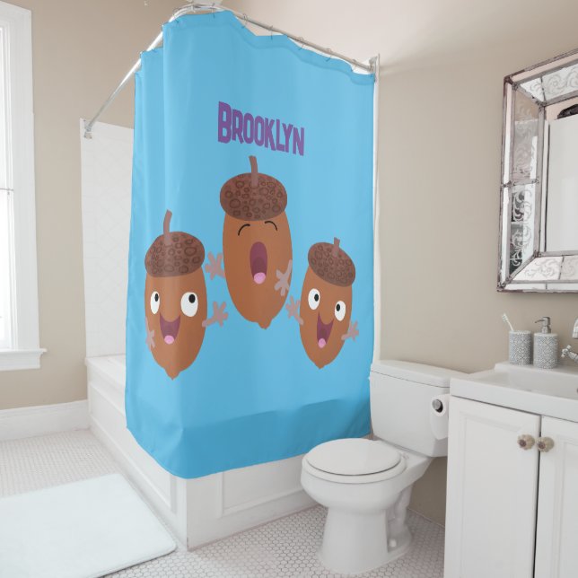 Cute happy acorns singing cartoon for kids shower curtain (In Situ)
