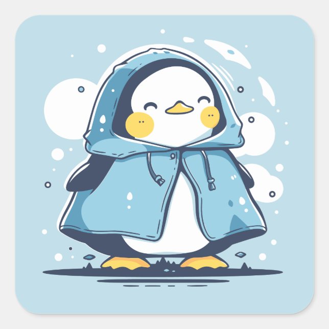 Cute Happy Adorable Kawaii Penguin in a Raincoat Square Sticker (Front)