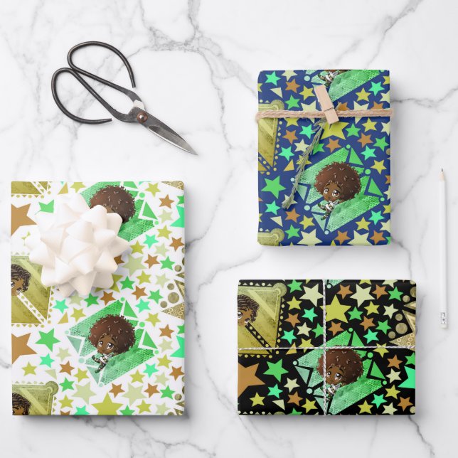 Cute Happy African American Boys Stars Wrapping Paper Sheet (Front)