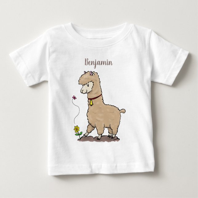 Cute happy alpaca with butterfly cartoon baby T-Shirt (Front)