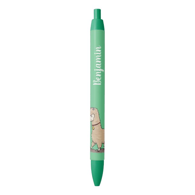 Cute happy alpaca with butterfly cartoon black ink pen (Front Vertical)