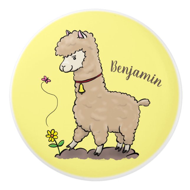 Cute happy alpaca with butterfly cartoon ceramic knob (Front)