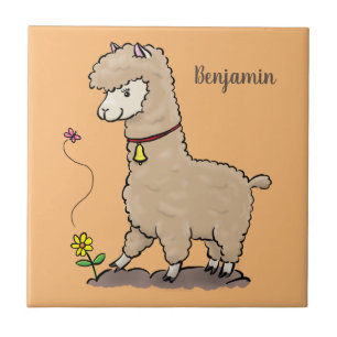 Cute happy alpaca with butterfly cartoon ceramic tile
