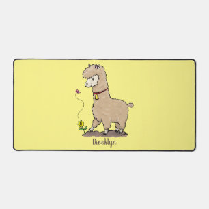 Cute happy alpaca with butterfly cartoon desk mat