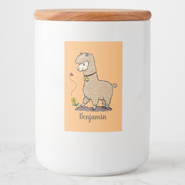 Cute happy alpaca with butterfly cartoon food label (Front)