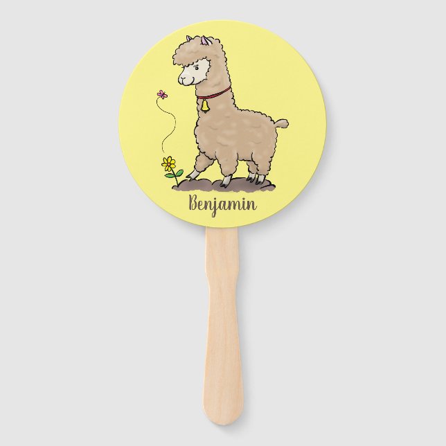 Cute happy alpaca with butterfly cartoon hand fan (Front)