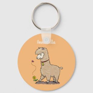 Cute happy alpaca with butterfly cartoon key ring