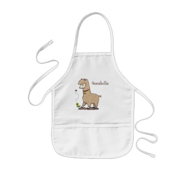 Cute happy alpaca with butterfly cartoon kids apron (Front)
