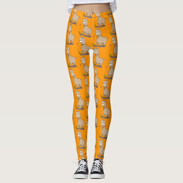 Cute happy alpaca with butterfly cartoon leggings (Front)
