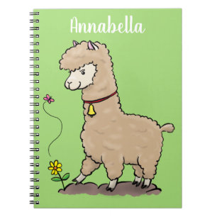 Cute happy alpaca with butterfly cartoon notebook