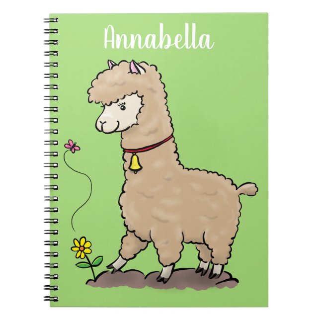 Cute happy alpaca with butterfly cartoon notebook (Front)
