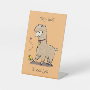 Cute happy alpaca with butterfly cartoon pedestal sign