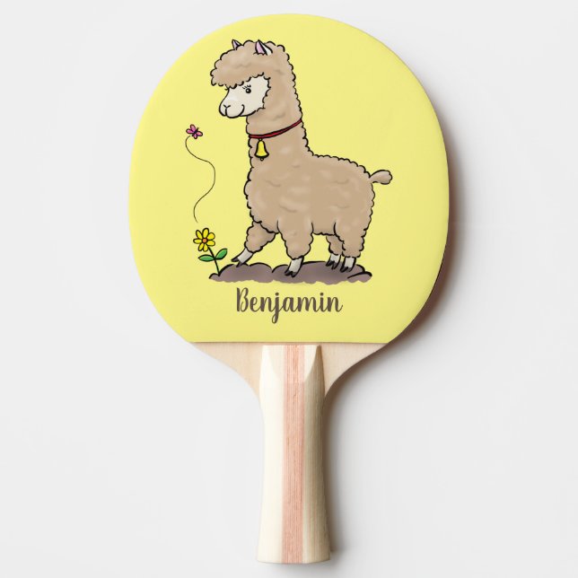 Cute happy alpaca with butterfly cartoon ping pong paddle (Front)