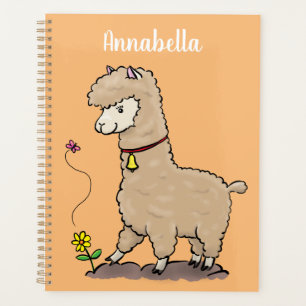 Cute happy alpaca with butterfly cartoon planner