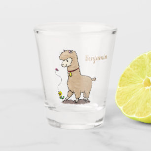 Cute happy alpaca with butterfly cartoon shot glass