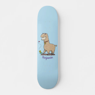 Cute happy alpaca with butterfly cartoon skateboard