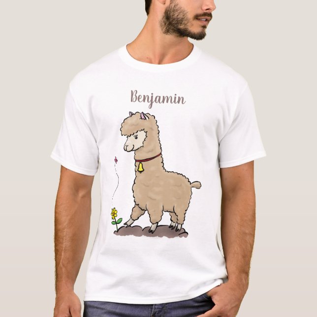 Cute happy alpaca with butterfly cartoon T-Shirt (Front)