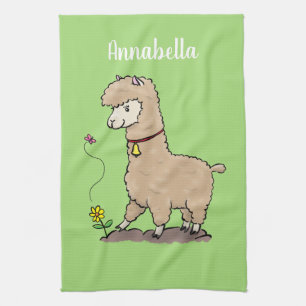 Cute happy alpaca with butterfly cartoon tea towel