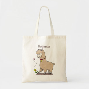 Cute happy alpaca with butterfly cartoon tote bag